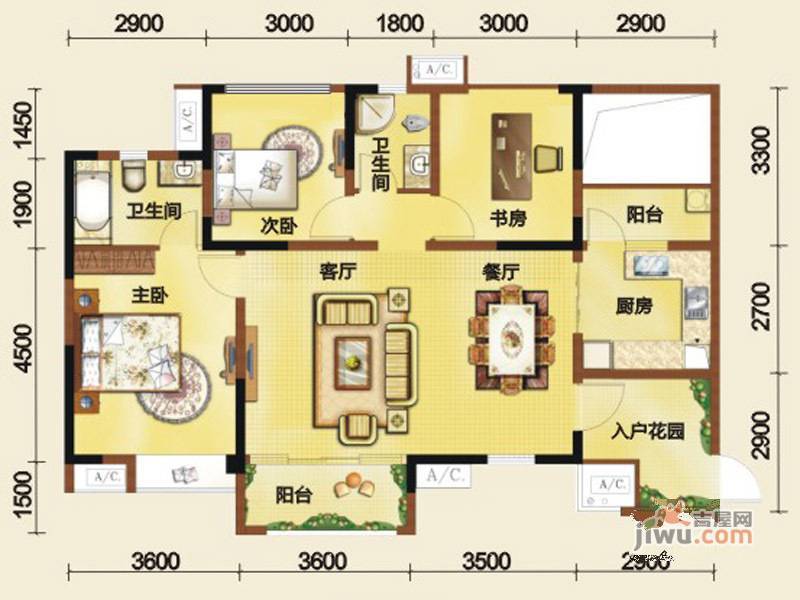 西环财富广场3室2厅2卫108.5㎡户型图