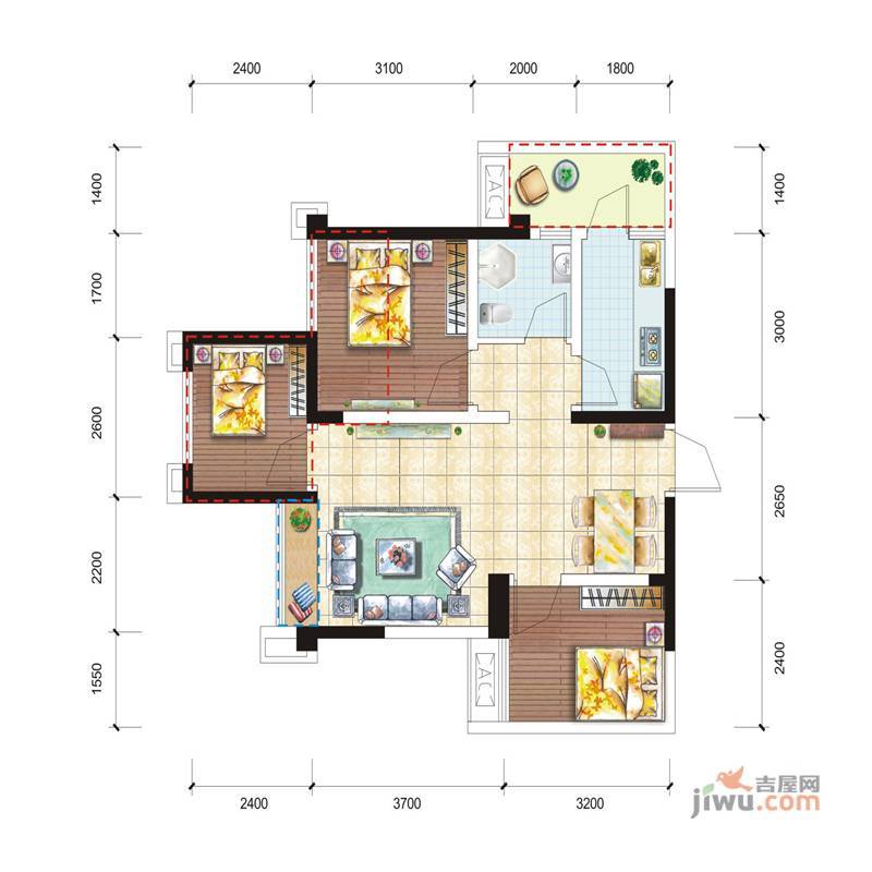 龙腾东麓城3室3厅1卫67㎡户型图