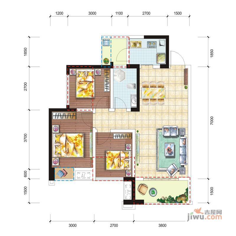 龙腾东麓城3室2厅1卫83.9㎡户型图