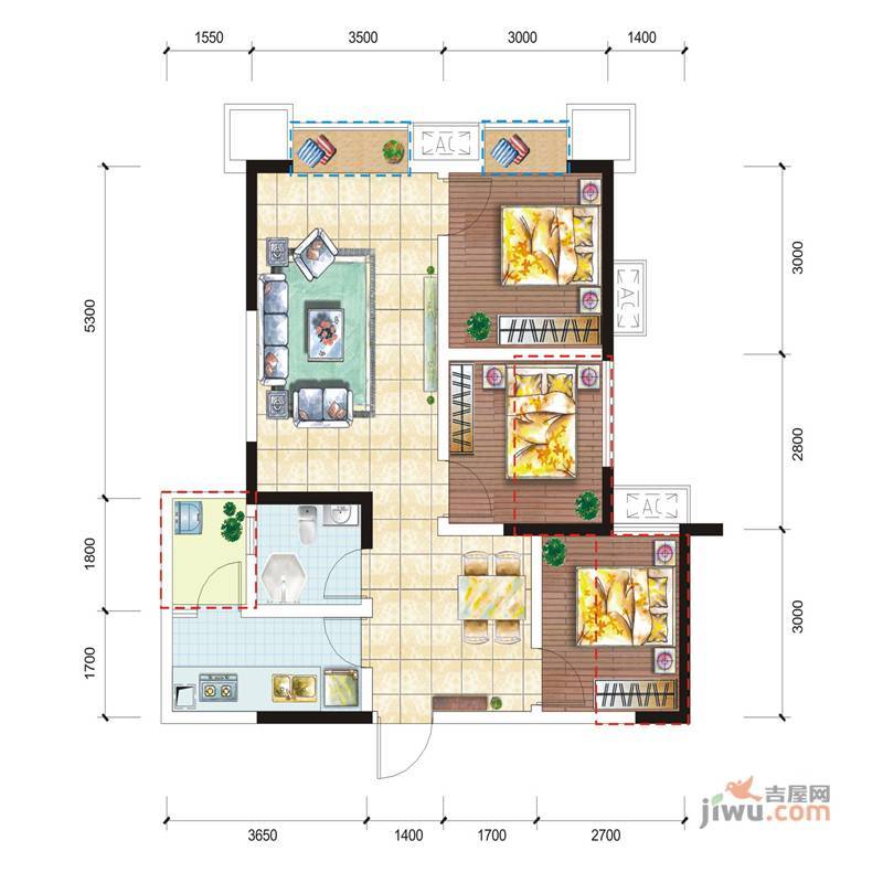 龙腾东麓城3室3厅1卫74.4㎡户型图