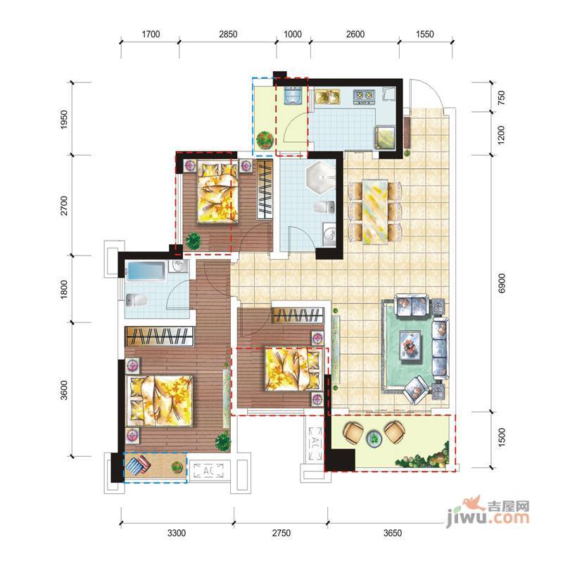 龙腾东麓城3室2厅2卫89.5㎡户型图