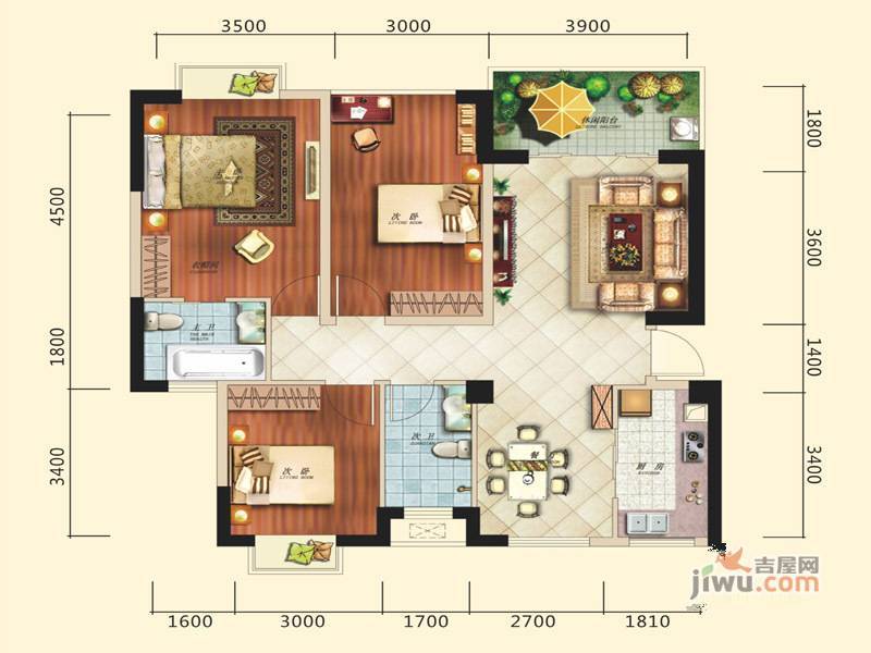 凤凰1号3室2厅2卫105.3㎡户型图