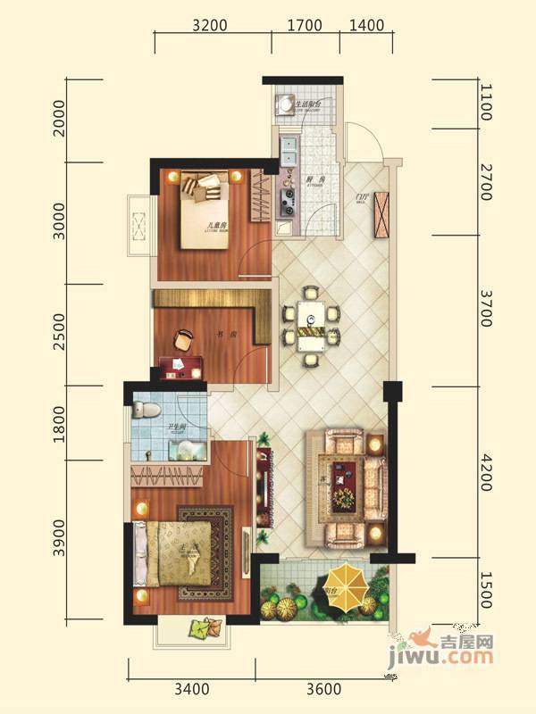 凤凰1号3室2厅1卫86㎡户型图