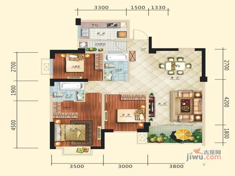 凤凰1号3室2厅2卫105.7㎡户型图