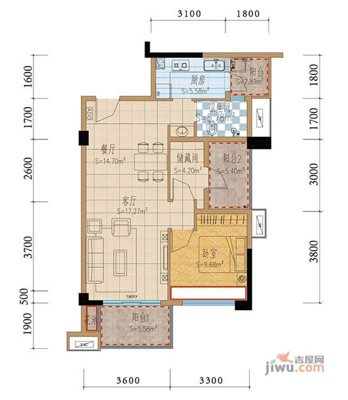 沙河绿洲2室1厅1卫77.1㎡户型图