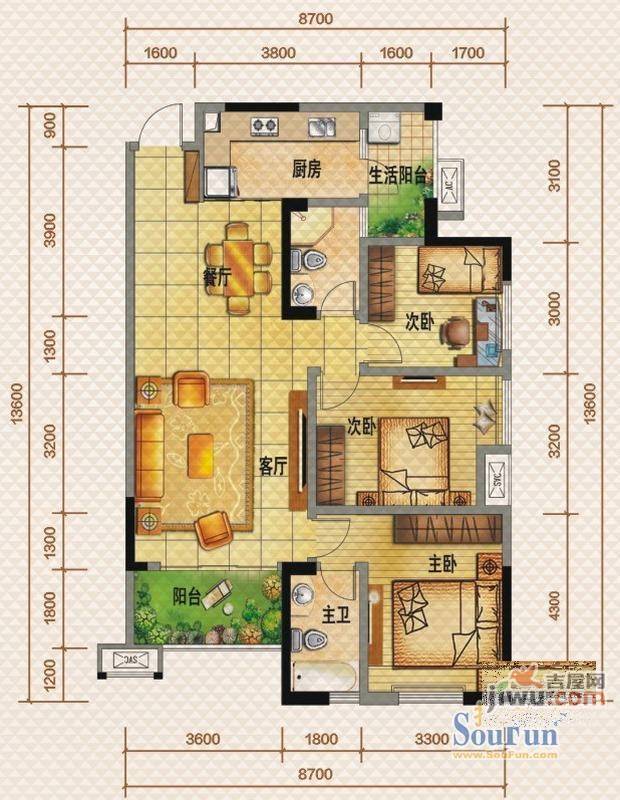 佳兆业8号3室2厅2卫113㎡户型图