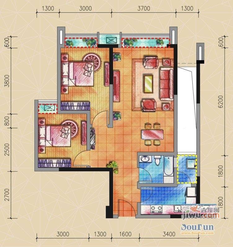 旭和倾城2室2厅1卫81㎡户型图