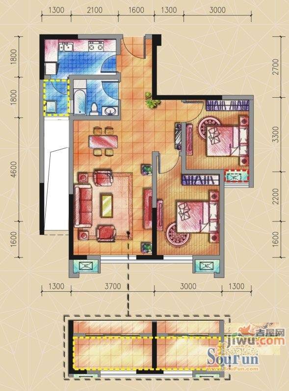 旭和倾城2室2厅1卫74㎡户型图