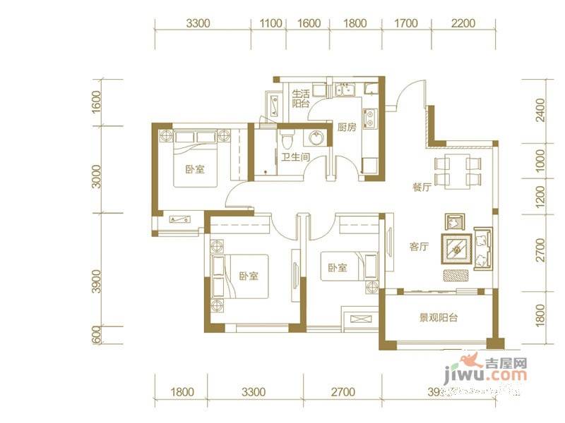 交大香悦3室2厅1卫86.8㎡户型图