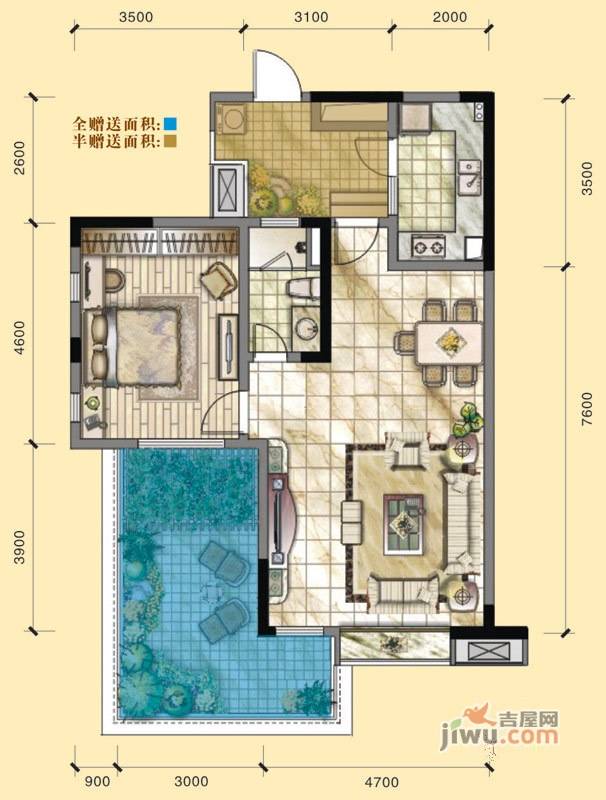 华府沙河1室2厅1卫77㎡户型图