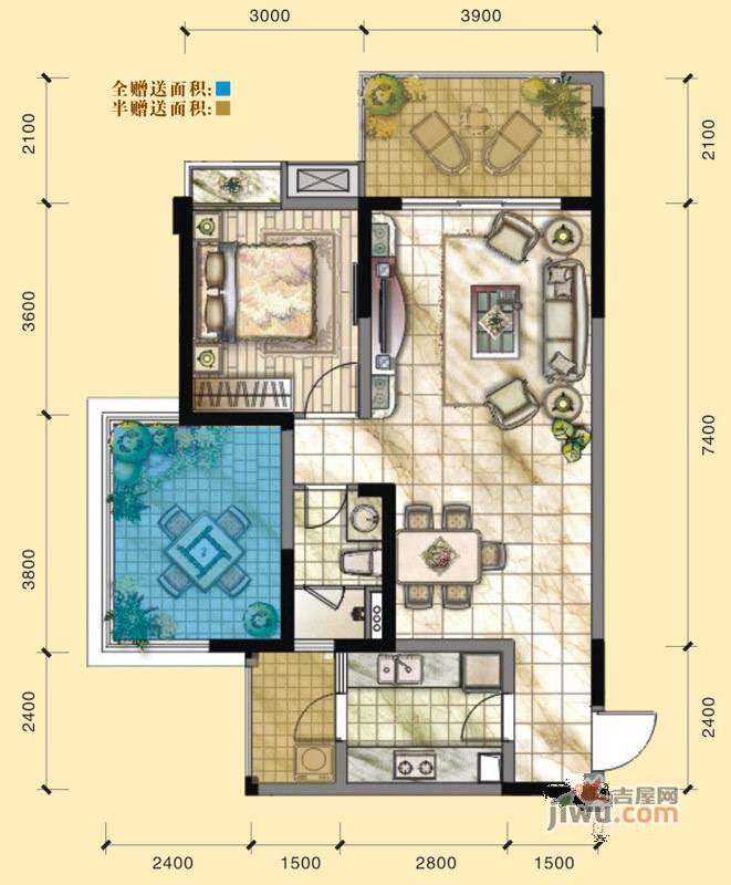 华府沙河1室2厅1卫74㎡户型图