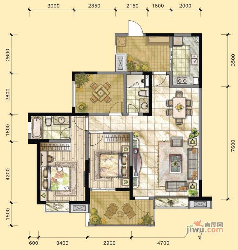 华府沙河3室2厅2卫116㎡户型图