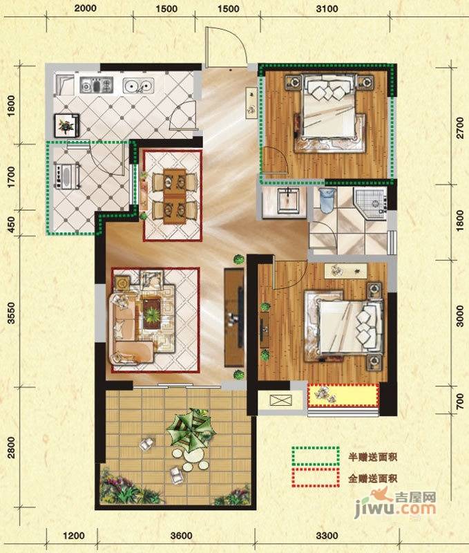 华西雅筑2室2厅1卫77㎡户型图