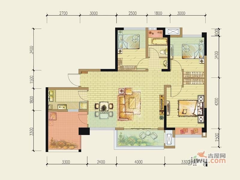 华邑阳光里3室2厅1卫88.6㎡户型图