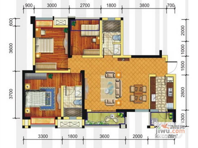 绿地启航社3室2厅2卫97㎡户型图