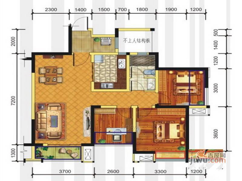 绿地启航社3室2厅1卫89㎡户型图