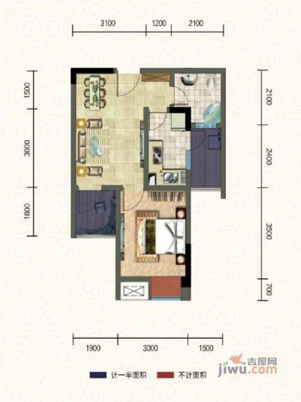 天王星铂晶城1室2厅1卫48.3㎡户型图