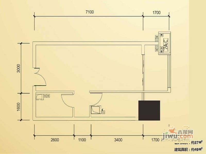 天福克拉广场1室1厅1卫49㎡户型图