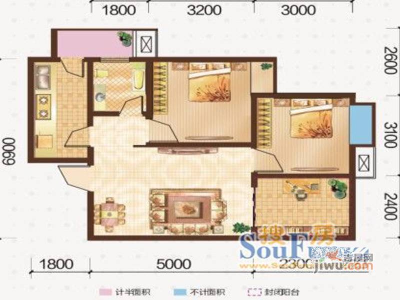 金融广场二期2室2厅1卫68.3㎡户型图