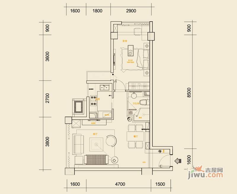 巴登巴登国际温泉养生公寓1室2厅1卫54㎡户型图