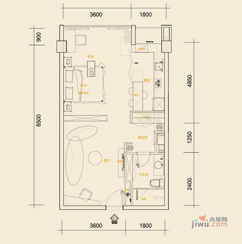 巴登巴登国际温泉养生公寓1室1厅1卫45㎡户型图