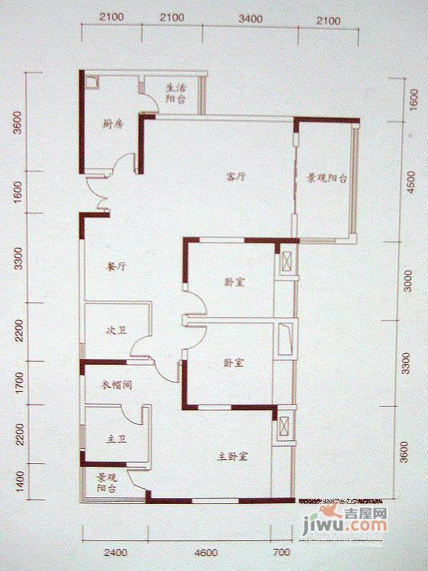 珠江国际2室2厅2卫72.6㎡户型图