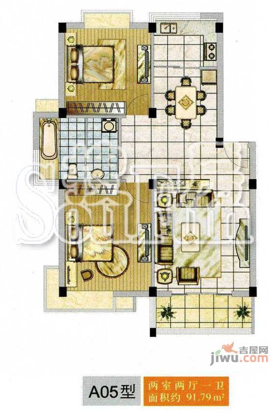 世纪名门2室2厅1卫91.5㎡户型图