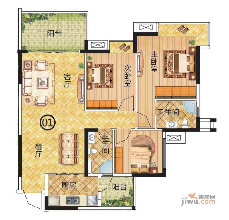 美仑广场3室2厅2卫111㎡户型图