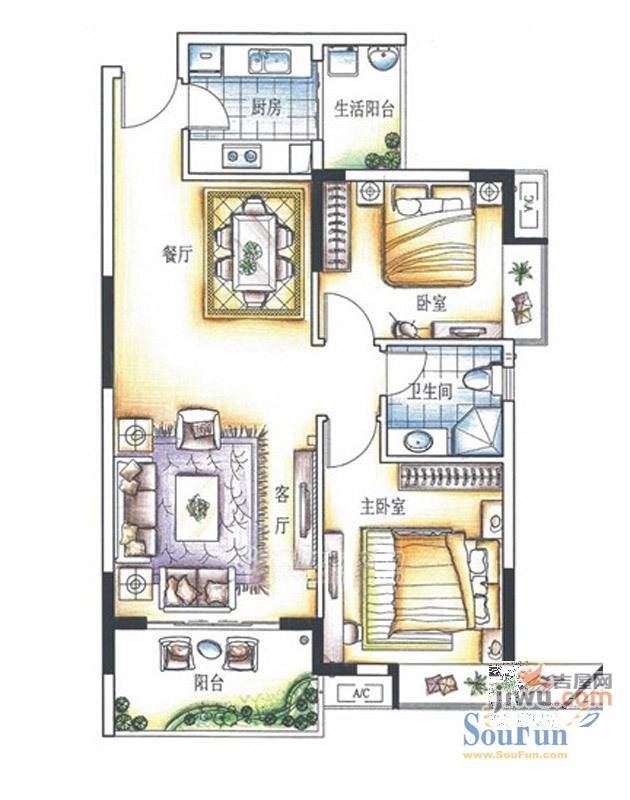 东方丽景禧园2室2厅1卫88㎡户型图