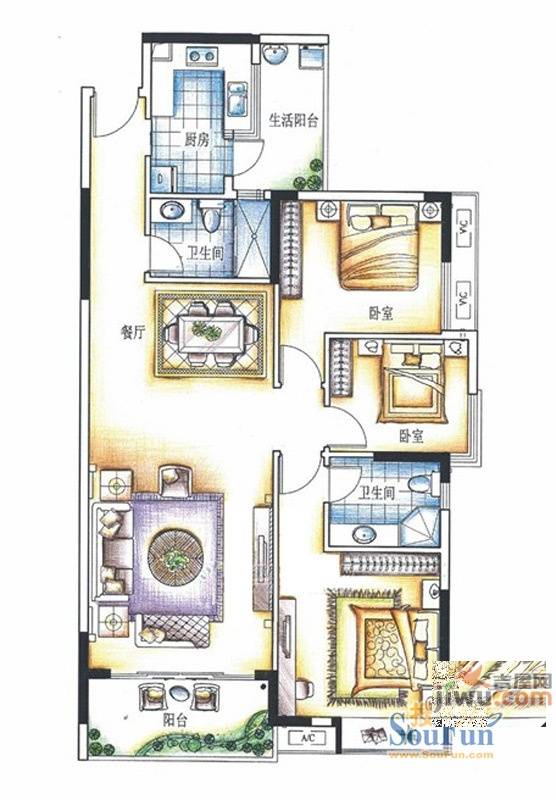 东方丽景禧园3室2厅2卫126㎡户型图