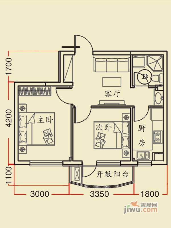 金海明珠二期2室1厅1卫59㎡户型图