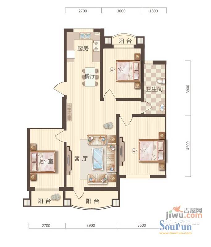 华通和平海岸5期巴萨香谷3室2厅1卫103.4㎡户型图