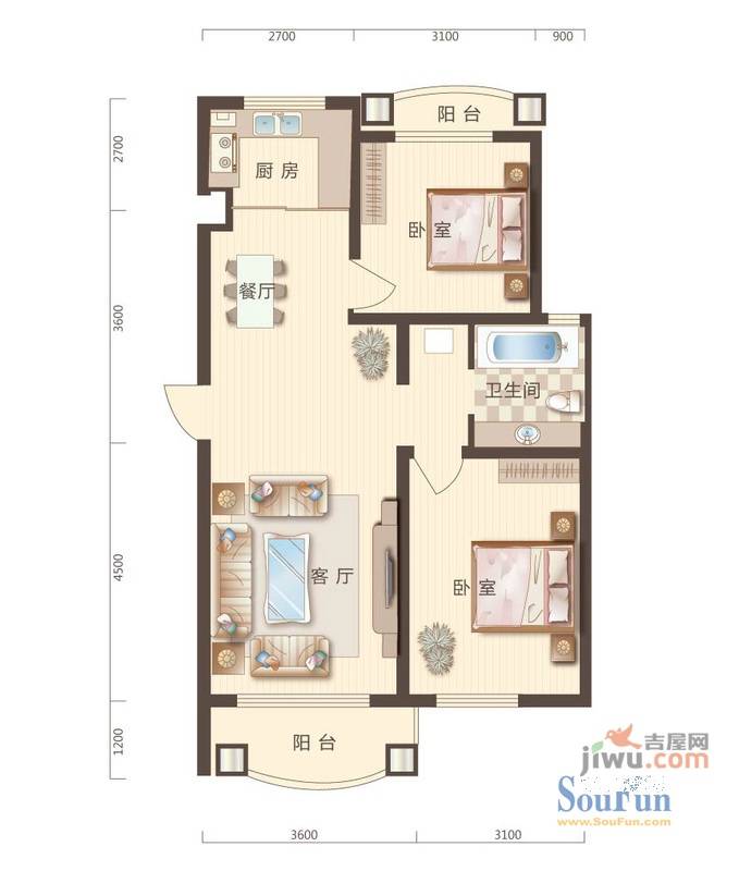 华通和平海岸5期巴萨香谷2室2厅1卫90.5㎡户型图