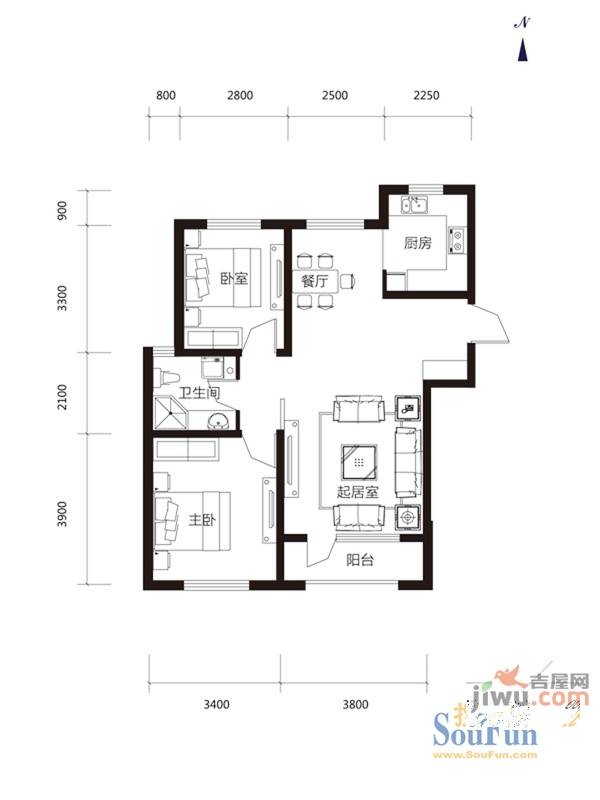 外滩九号2室2厅1卫90㎡户型图