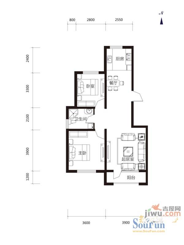 外滩九号2室2厅1卫90㎡户型图