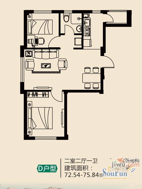 二十里景致2室2厅1卫75.8㎡户型图