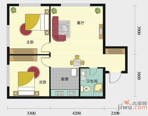 普照假日广场2室2厅1卫92.3㎡户型图