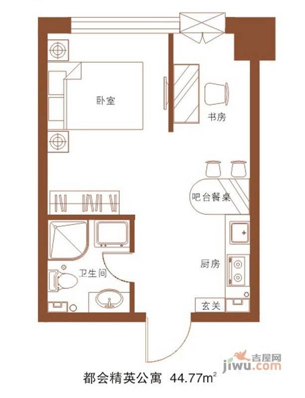 香榭里中心写字楼2室1厅1卫44.8㎡户型图