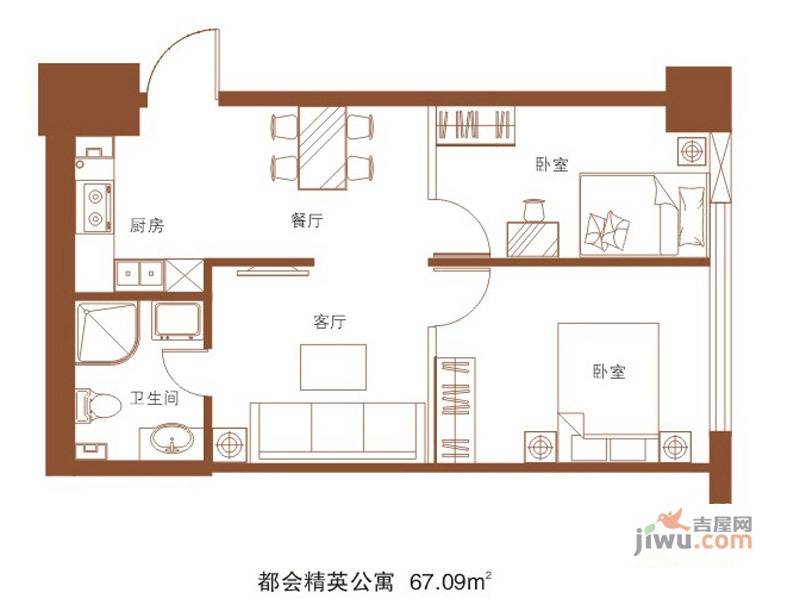 香榭里中心写字楼2室2厅1卫67.1㎡户型图