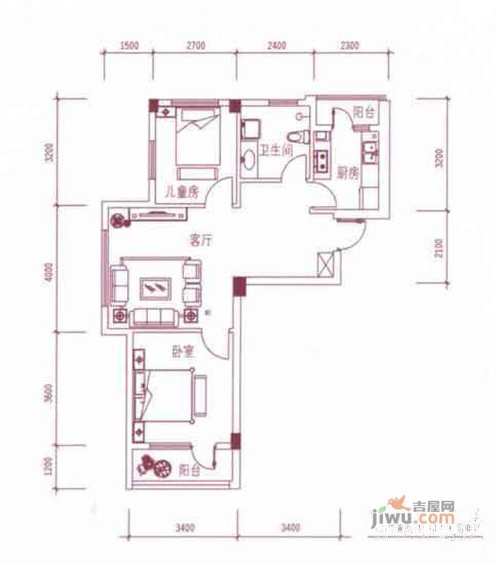 新星艾维尼小城2室1厅1卫75㎡户型图