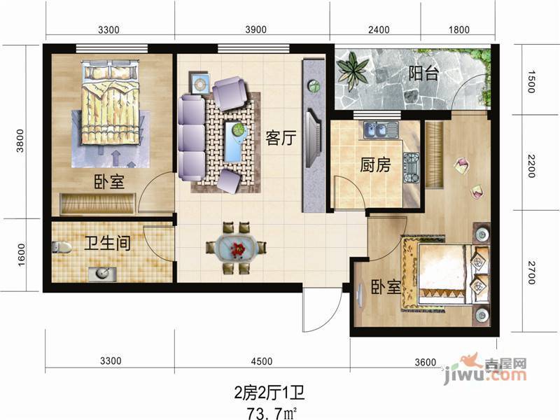 东景豪庭2室2厅1卫73.7㎡户型图