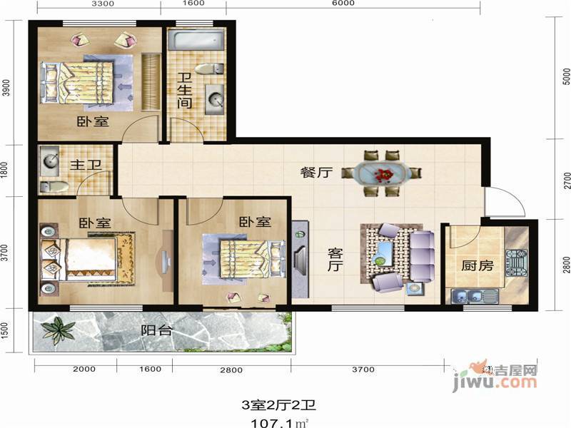 东景豪庭3室2厅2卫107.1㎡户型图