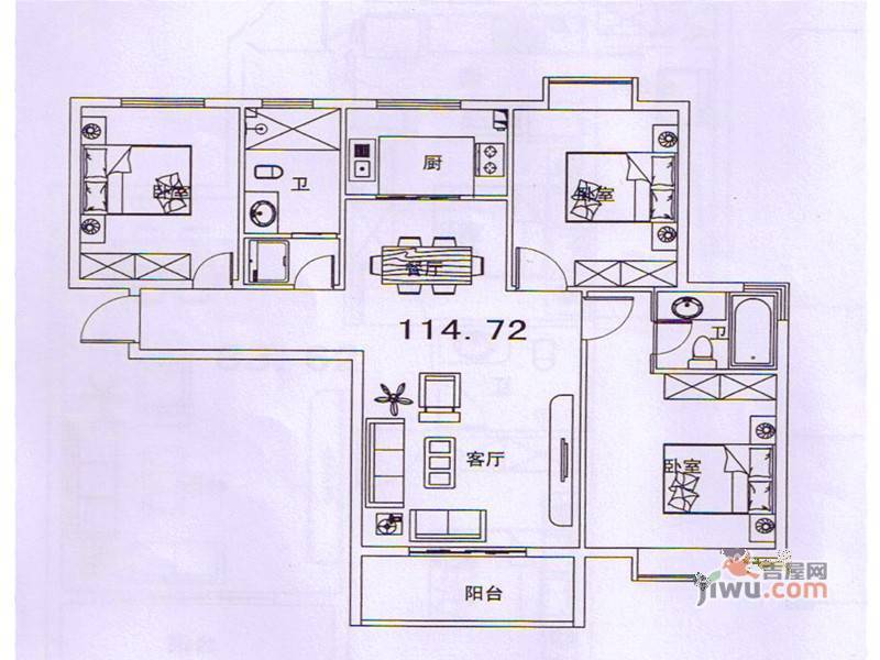 清华园清华广场3室2厅2卫116.7㎡户型图