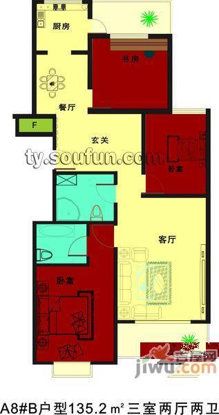 赛江南名园3室2厅1卫129.3㎡户型图