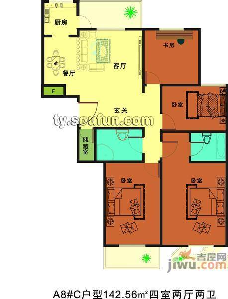 赛江南名园3室2厅1卫129.3㎡户型图