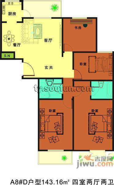 赛江南名园3室2厅1卫129.3㎡户型图