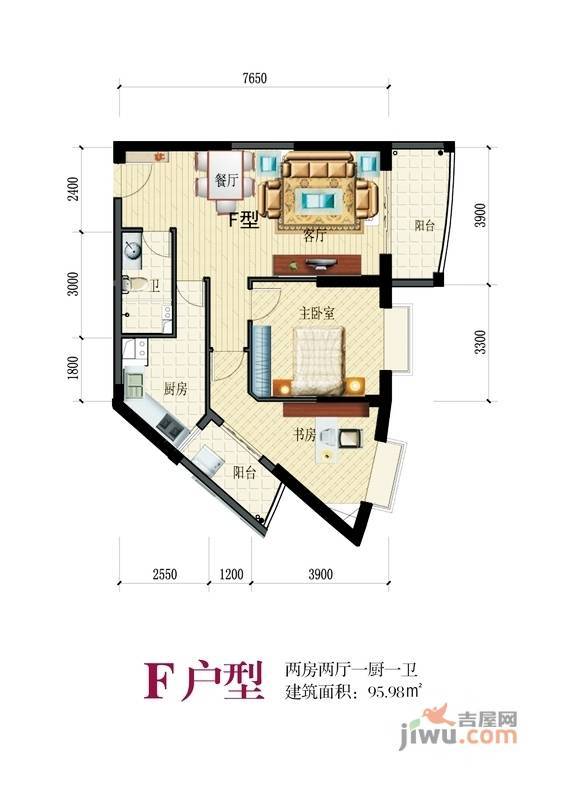 凤凰花城嘉景庭院2室2厅1卫96㎡户型图