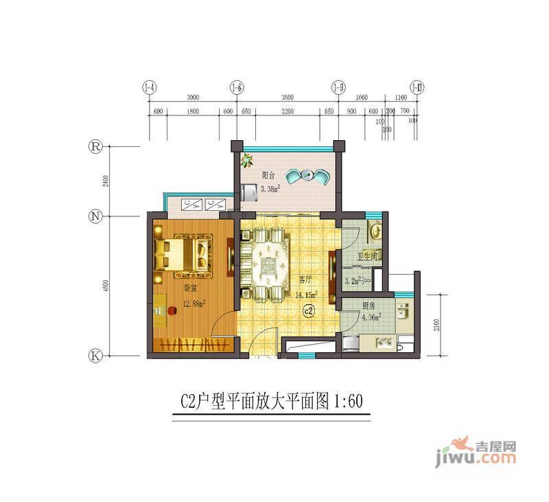 海南藏龙福地1室2厅1卫57㎡户型图