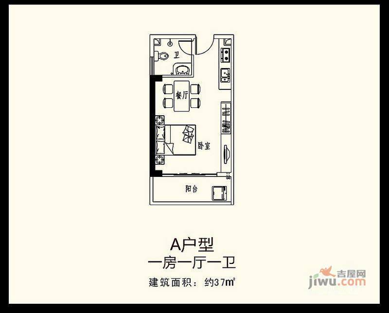 巨恒名都1室1厅1卫37㎡户型图