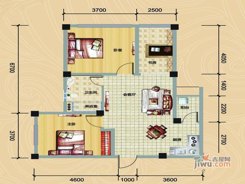 银湾天麓2室2厅1卫84.9㎡户型图